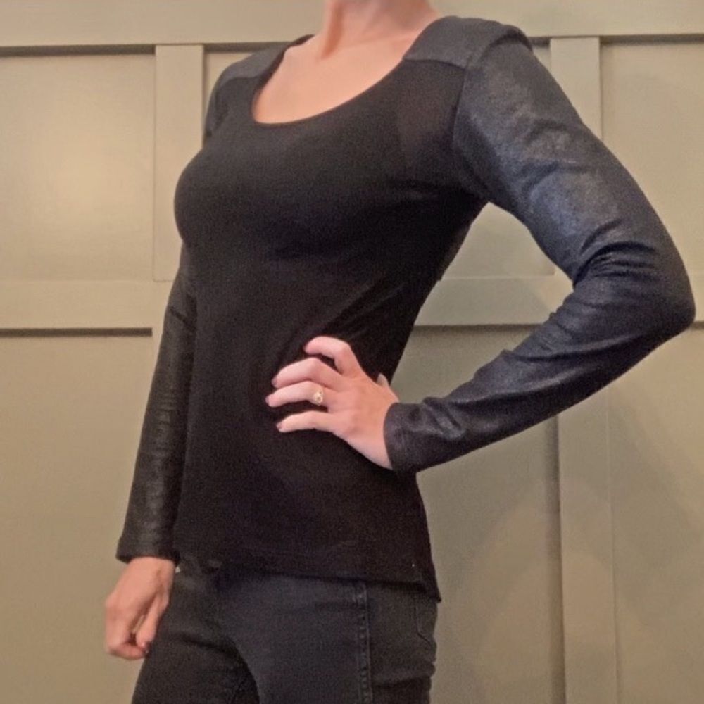 𝅺ALEXIS Sheer Metallic Faux Leather Long Sleeve Top Black Size XS